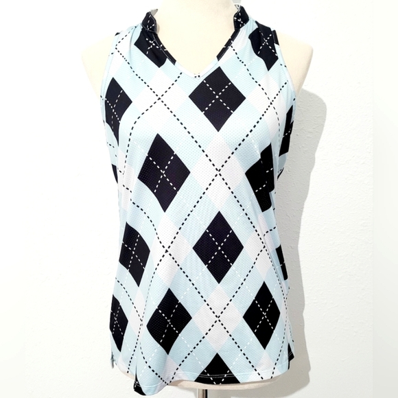 Soneven Women Sleeveless Golf Polo Shirt Argyle Blue Size Small Moisture Wicking - Picture 1 of 10